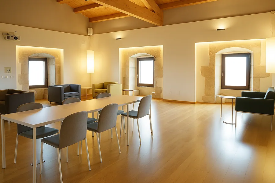 Salon polyvalent avec table de travail et coin salon